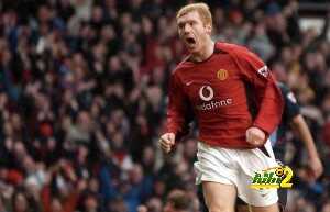 Manchester United's Paul Scholes celebrates after
